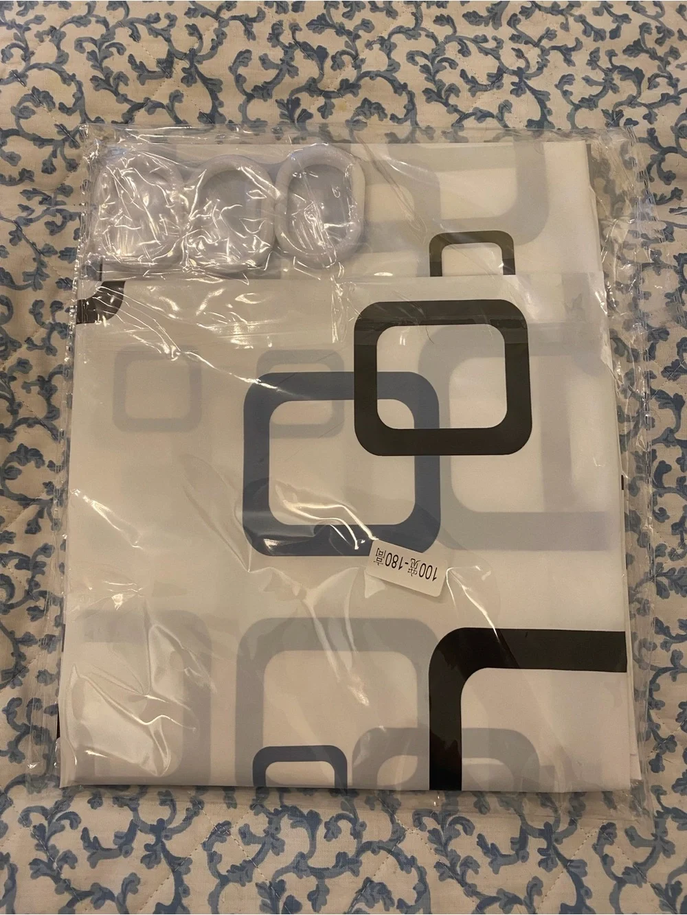 Modern Geometric Shower Curtain with 12 Hooks White Blue Gray 70x70 New